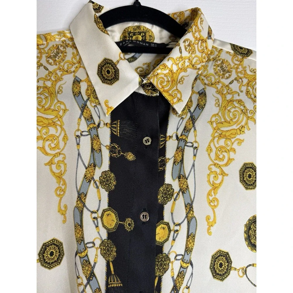 Zara Woman Ecru Chain Scarf Print Button Down Blouse Sz S - Picture 5 of 11
